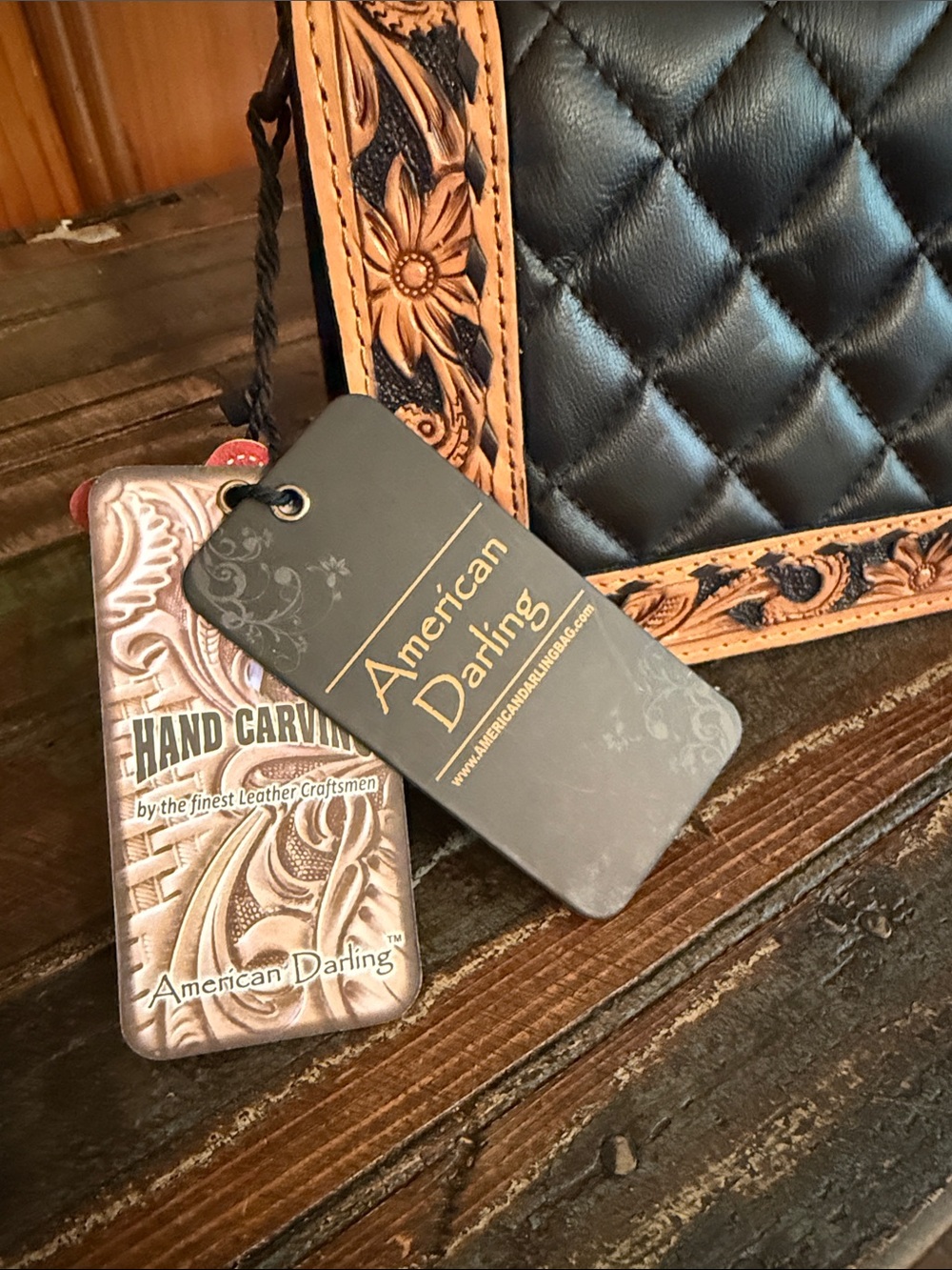American Darling Black Quilted Wallet with Tan Hand-Tooled Floral Trim - Picture 7 of 10